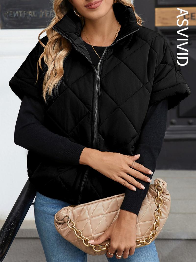 Women's Solid Color Quilted Zip Up Vest Jacket, Casual Pocket Stand Collar Outerwear for Fall & Winter, Ladies Clothes for Daily Wear