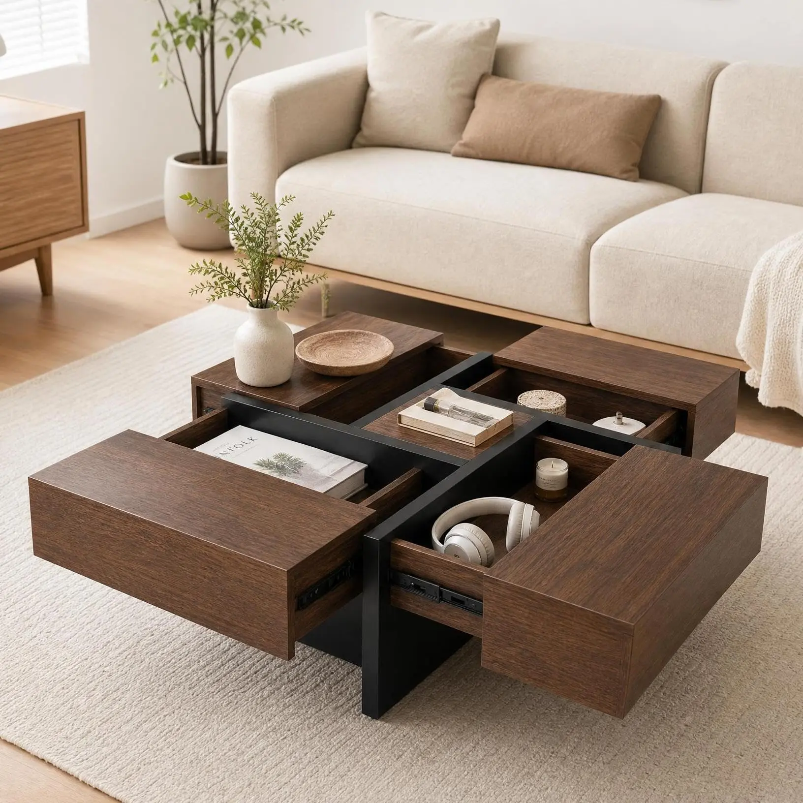 Square Walnut Coffee Table with 4 Hidden Storage Drawers for Living Room – Easy Assembly