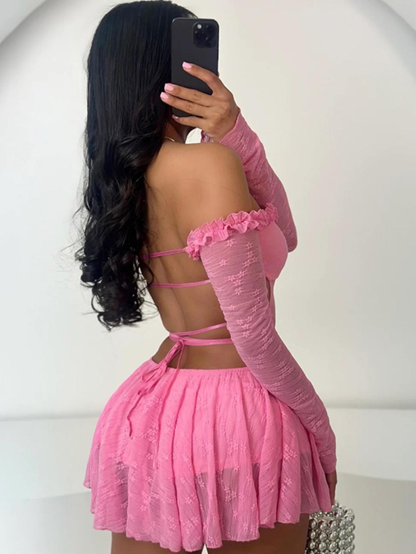 Women's Contrast Mesh Sheer Backless Off Shoulder Cut Out Bodysuit, Sexy Fashion Frill Trim Tie Back Long Sleeve Bodysuit for Nightclub Music Festival, Women's Clothes for Spring & Fall