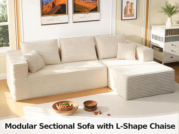 CHORRO 108''Sectional Boneless Cloud Sofa,Modern Modular L-Shape Couch for Living Room,Corduroy Convertible Sponge Sleeper Sofas,Upholstered Lougne Chaise Couchs-with Soft Pillow(Camel,Left Chaise)