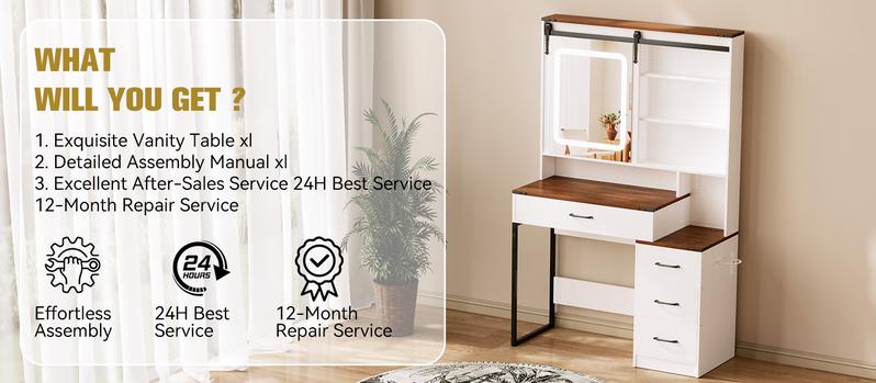 【Valentine's Day gift】Makeup Vanity Desk with Mirror & Lights | 4 Drawers & 3 Storage Shelves | Adjustable Tri-Color LED Light, Charging Station & Hair Dryer Stand Modern Furniture