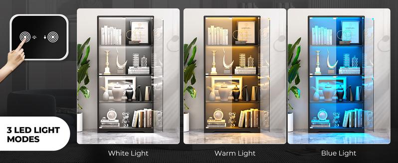 MIIFUNY Display Cabinet with Glass Doors, Storage Cabinet with 3 Color Light, 4-Tier Curio Cabinet&Bookcase for Collectibles, Toys, Books, for Playroom, Bedroom, Study Room, Black