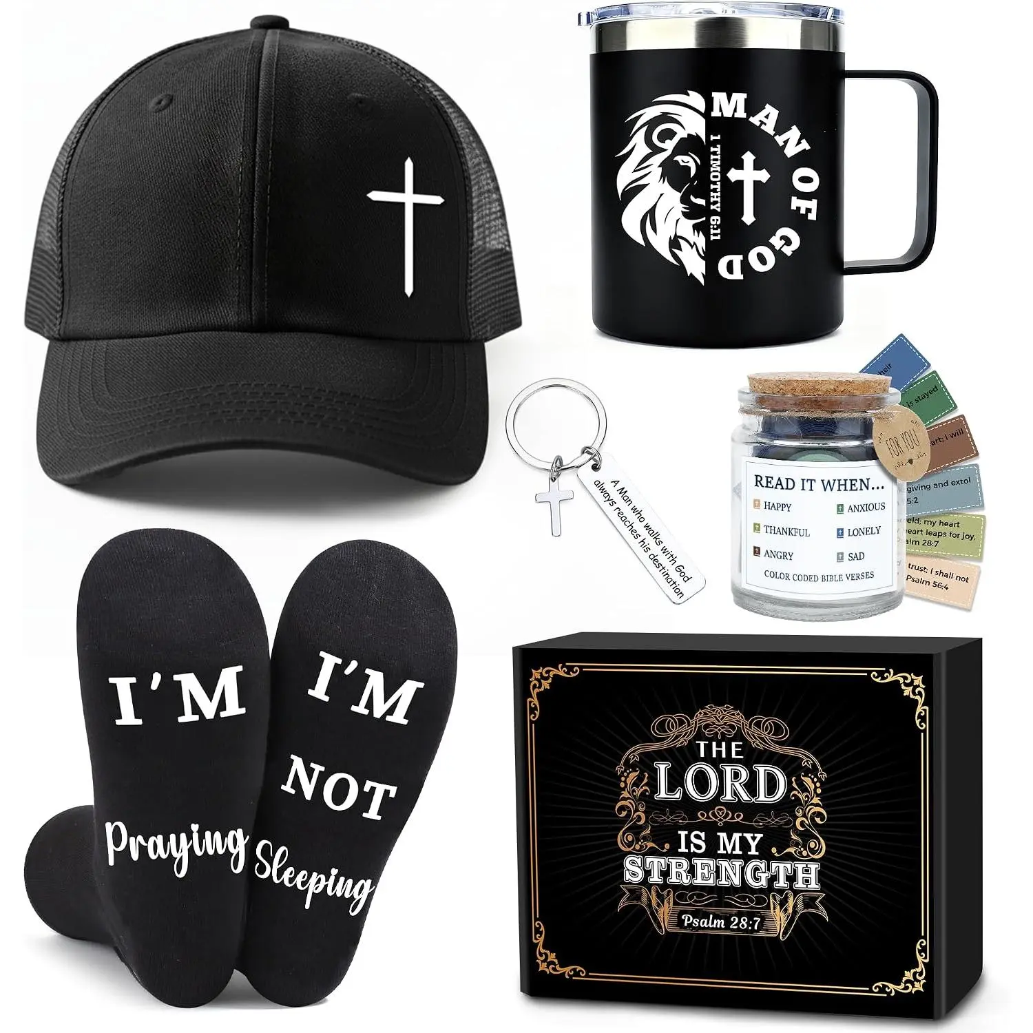 Men's Christian Accessories Set - Faith-Based Catholic Gift Basket with Verse Mug, Socks, Adjustable Hat, Scripture Jar - Birthday Gift Ideas for Pastors, Baptism Recipients