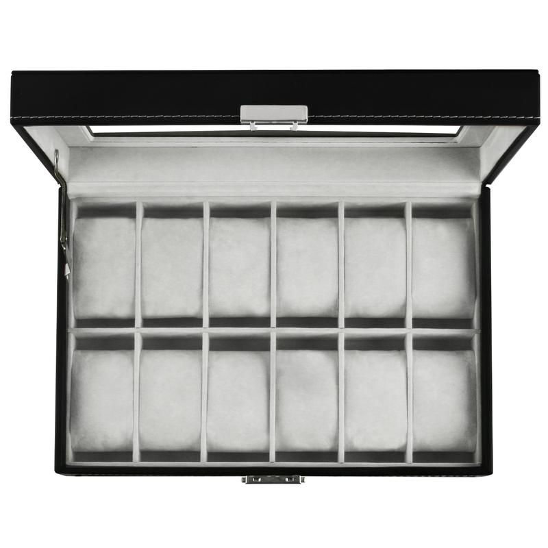 SUNNYGLADE 12 Slot PU Leather Lockable Watch Storage Boxes, Men & Women Jewelry Display Drawer Case, 2-tier Organizer Watch Showcase with Glass Lid (Black)