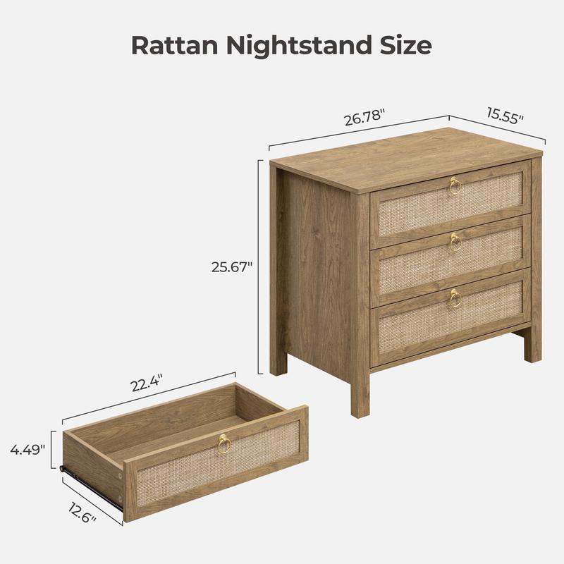 SICOTAS White Night Stand with Drawers - 15.55"D x 26.78"W x 25.67"H Rattan Bedside Table with Golden Handle, 3 Drawers Nightstand Side Table Boho Nightstand for Bedroom, Perfect for Any Bedroom, Durable and Stable
