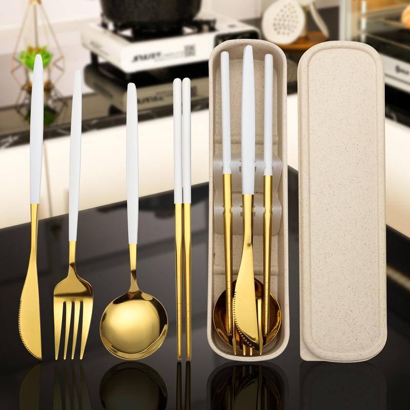 Elegant 4-Piece Gold Stainless Steel Cutlery Set with Storage Box | Reusable Portable Utensils for Travel Camping Office Home | Luxury Household Tableware Gift Set