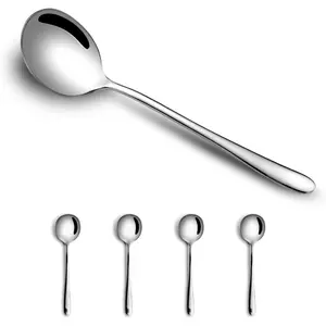 4-Piece Round Stainless Steel Bouillon Spoon Soup Spoons, Stainless Steel Large Round, Heavy-Weight Deep Bowl Spoon Set, Dinner Spoons for Soup Grain Dessert Milk, Dishwasher Safe
