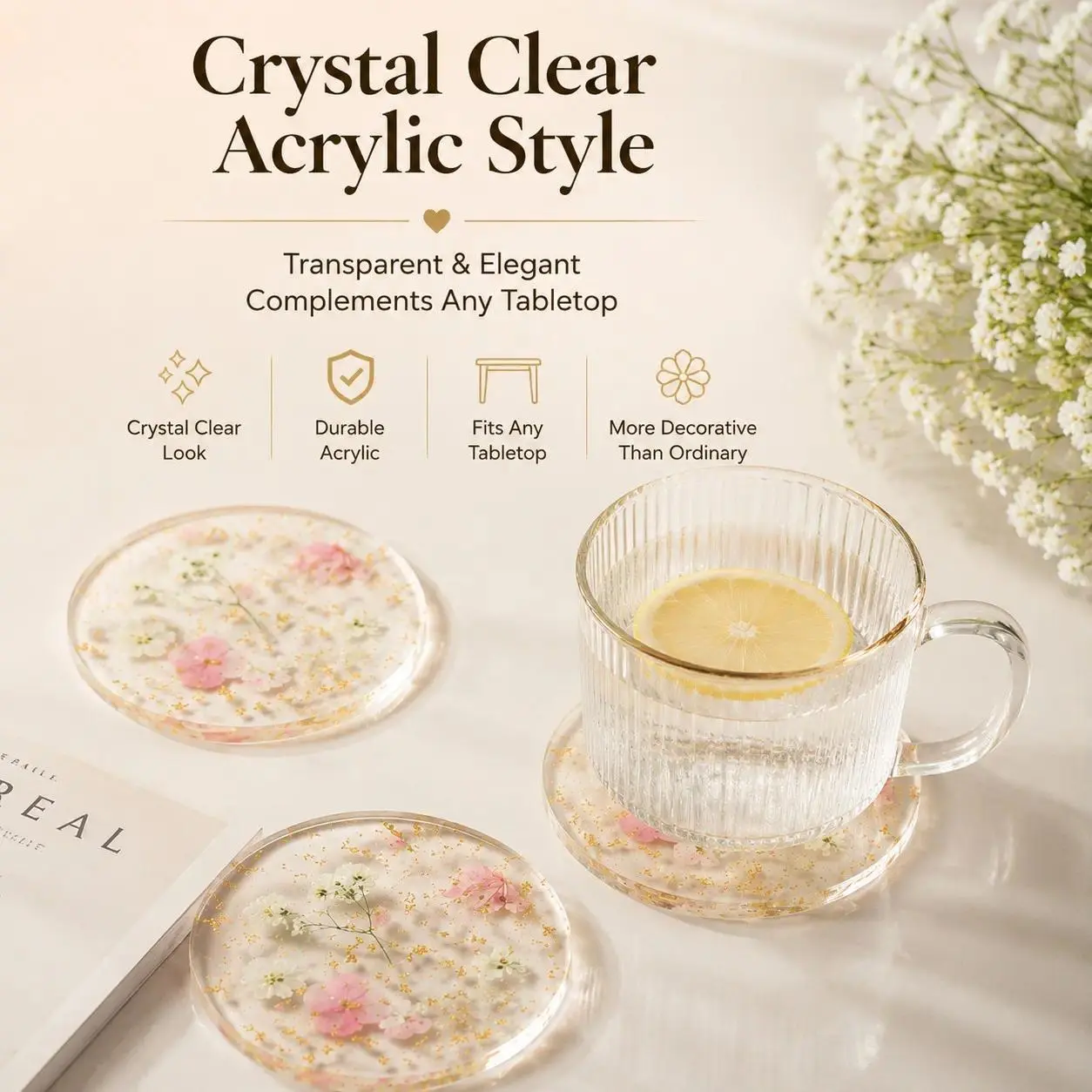 4pcs Transparent Floral Acrylic Tableware Coasters, Waterproof, Non-Slip, Heat Resistant, Home Gift, Kitchen, Office Desk, Wedding Birthday Party Decor