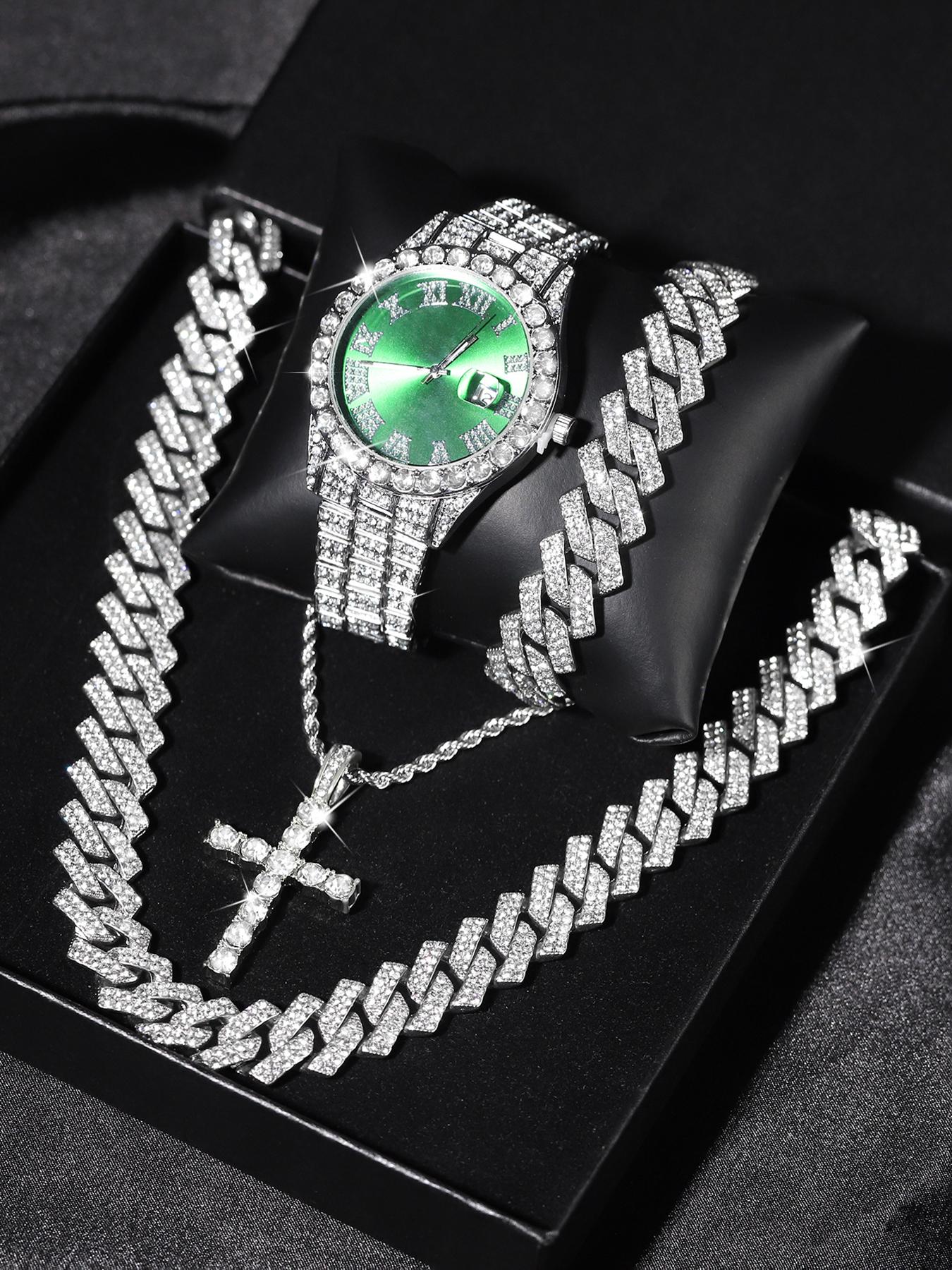 Luxury Punk Watch Set with Necklace Bracelet Cross Pendant, Analog Quartz Movement, Adjustable Strap, Unisex Gift Box for All Seasons, Fashionable Jewelry Set