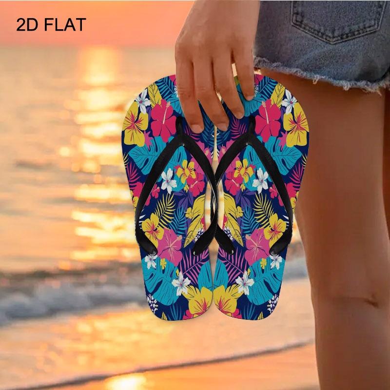 2026 Summer New Women'S Flip Flops, Open Toe, Flat Heel, Tropical Floral Navy Design, Multiple Colors & Sizes, Dry Clean, Ideal for Mother'S Day, Easter, Holiday Gifting, Lively Summery Style, Women Shoes