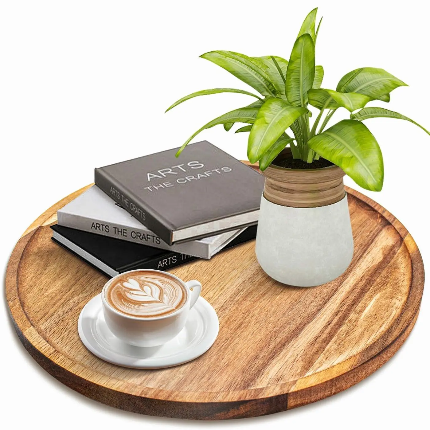 New 11.5 Inches Round Acacia Wood Tray, Decorative Serving Tray For Home Decor, Coffee Table, Kitchen, Dining Room, Candle Tray, Appetizer Board