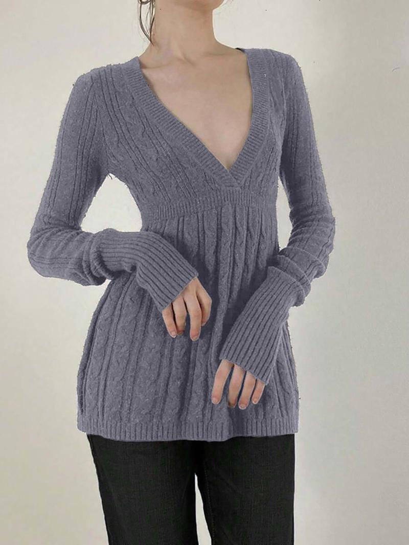 Women's Y2K Vintage Sweater, Soft Long Sleeve V-neck High Waist Knitwear for Women