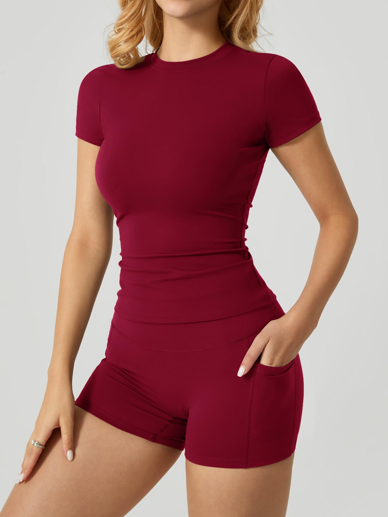 2 piece set women's yoga suit set solid color quick drying short sleeved top with pockets on both sides shorts with tight fit suitable for yoga gym training running cycling golf all season outdoor simple and versatile Sporty Style short sleeved shorts