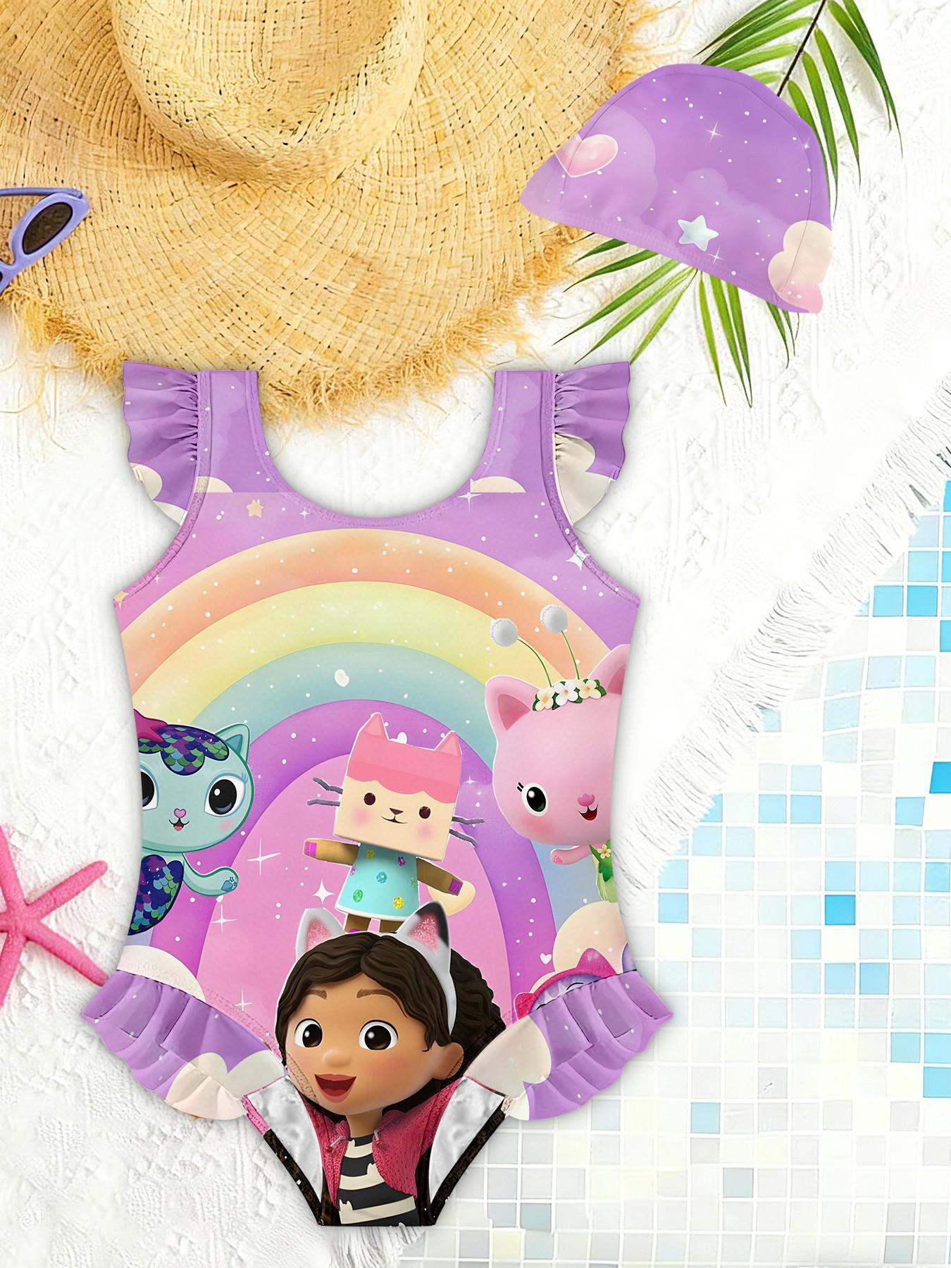 Girls' 3D Rainbow Guppy Swimsuit, Cute Sleeveless Swimwear with Ruffle Edges, Perfect for Parties and Gifts