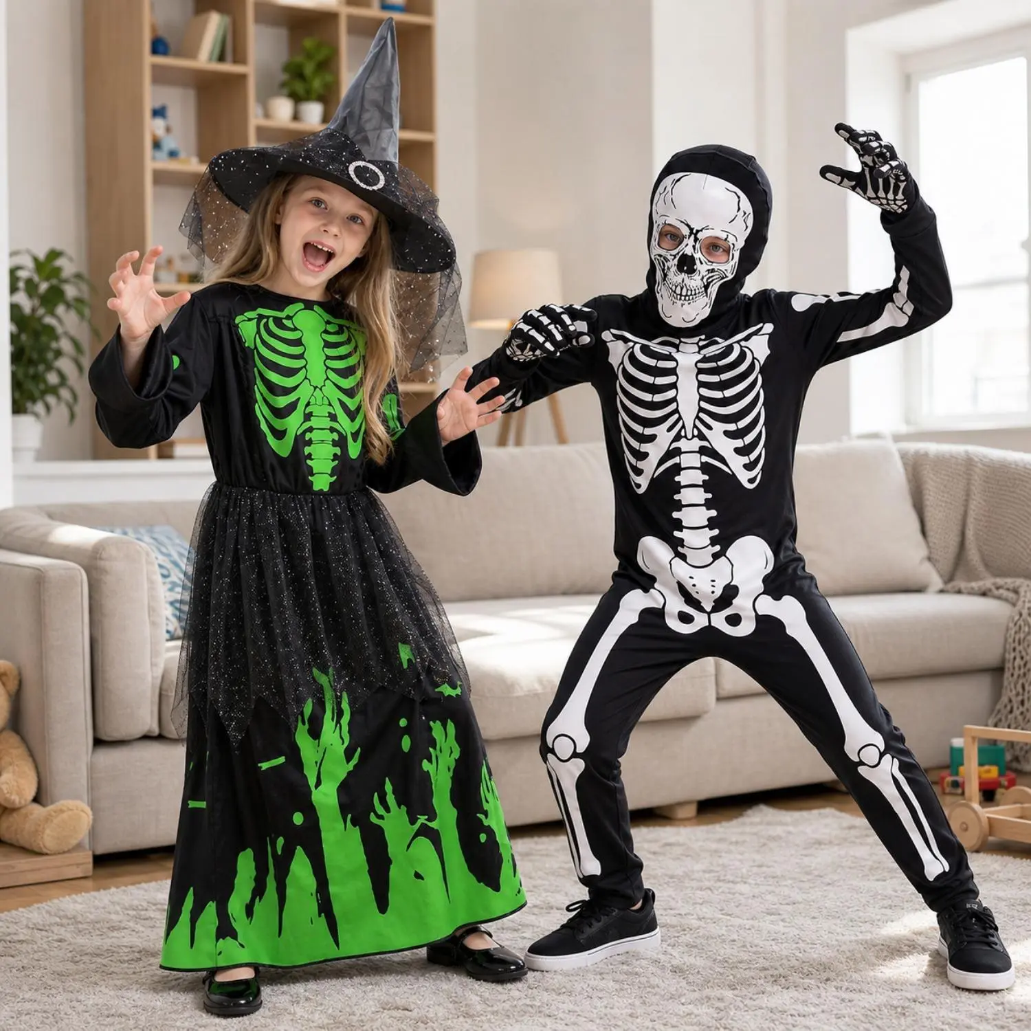 Sibling Matching Halloween Costumes, Girls Glow Skeleton Witch Dress + Boys Full Skeleton Jumpsuit Set, Brother Sister Scary Cosplay Outfit for Halloween Party Family Dress Up