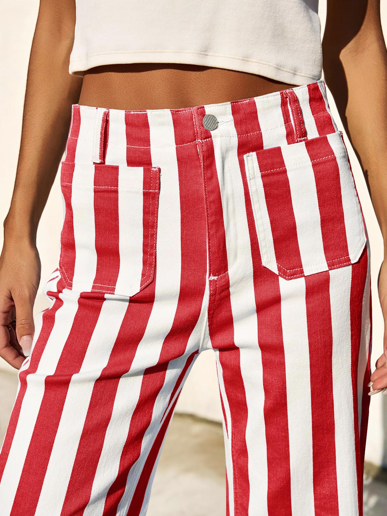 Aswulk Womens Cropped Striped Jeans Casual High Waisted Stretchy Straight Leg Denim Pants with Pockets