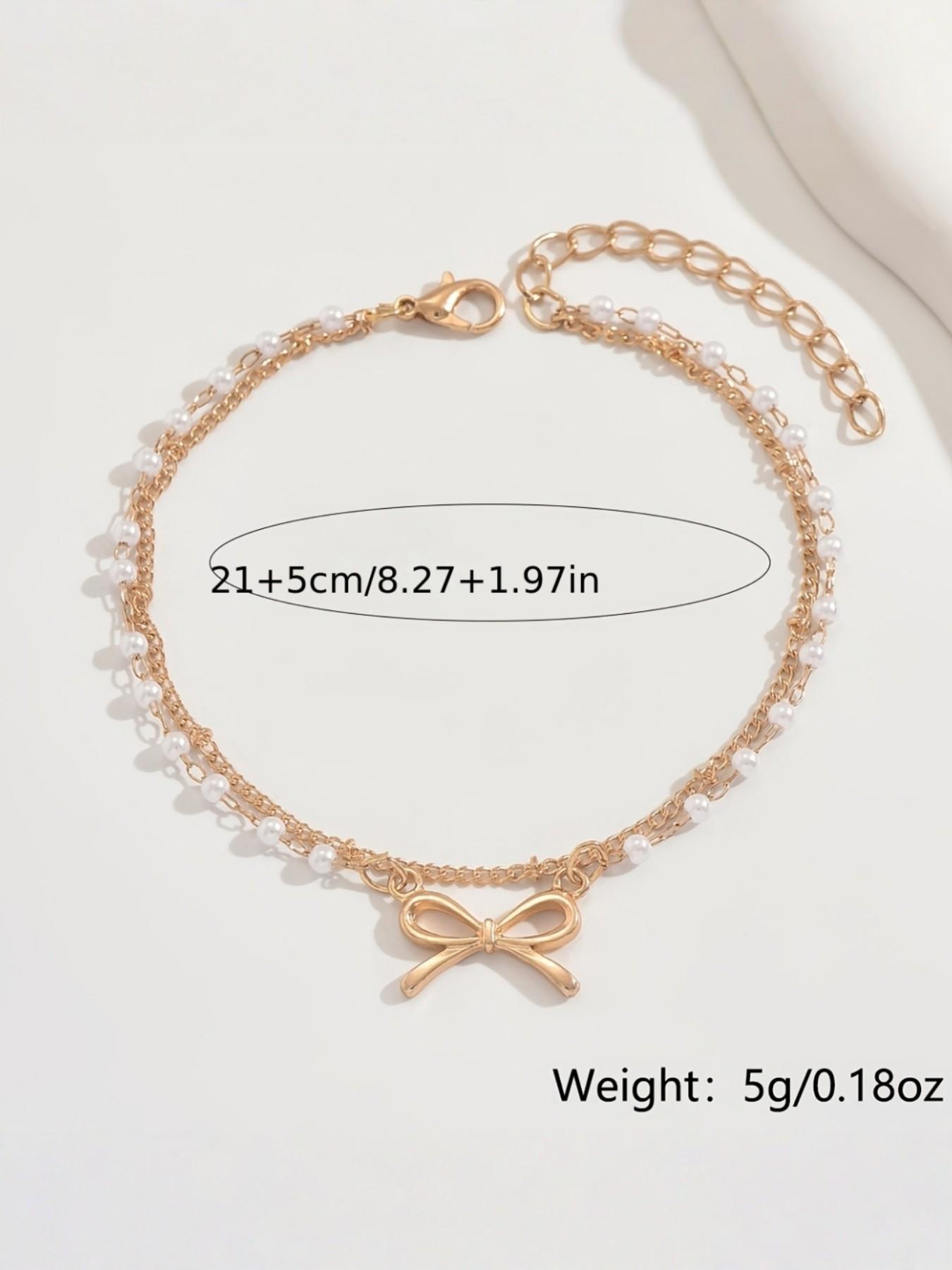 Women's Fashion Anklet, Vintage Summer Vacation Style, Geometric Design, Elegant Faux Pearl Chain with Bow Pendant, Perfect for Beach Parties
