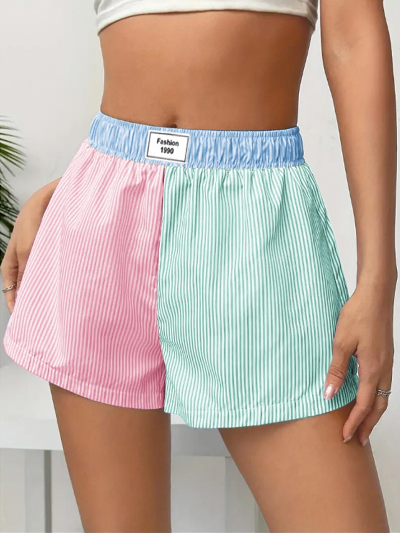 Women's Patchwork & Striped Print Elastic Waist Shorts, Casual Letter Patched Shorts, Women's Bottoms for Daily Wear
