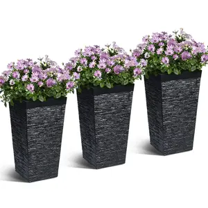 3 Pack 22.7 Inch Tall Rectangular Planters Black Modern Plastic Plant Pots with Drainage Holes Rolling Wheels Weather Resistant Indoor Outdoor Garden Planter Set