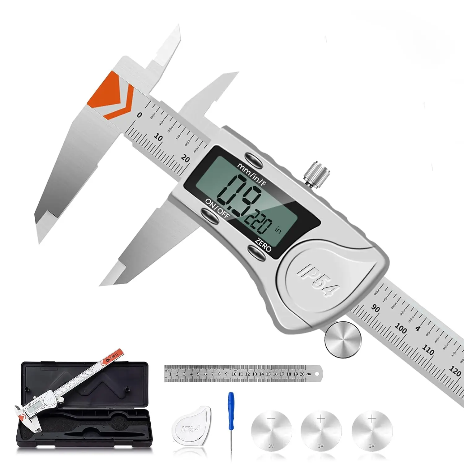 Caliper, IP54 Waterproof Caliper Measuring Tool with 3-Batteries & Cover, All Stainless-Duty Vernier Caliper Micrometer, Inch/MM/Fraction for DIY/3D-Printing