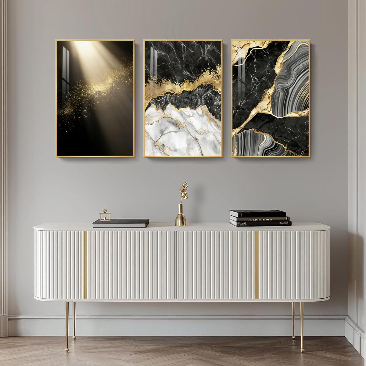 3 Counts Aluminum Alloy Framed Painting, Abstract Black Gold Marble Texture Pictures, Home Decoration For Living Room, Bedroom, Office, Restaurant, Hallway Wall Decor, Odorless Print Artwork, Luxury Perfect Gift For Friends And Family