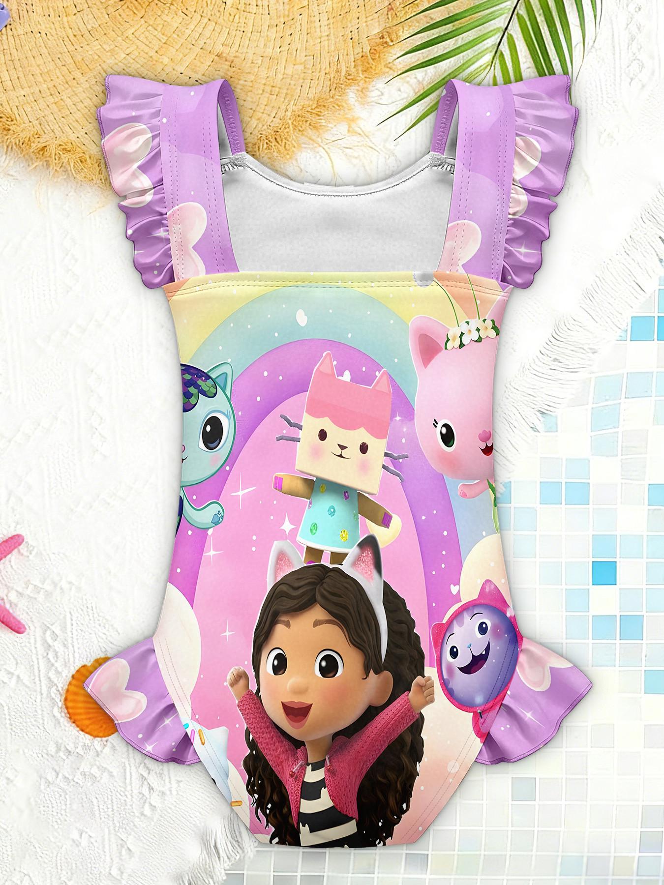 Girls' 3D Rainbow Guppy Swimsuit, Cute Sleeveless Swimwear with Ruffle Edges, Perfect for Parties and Gifts