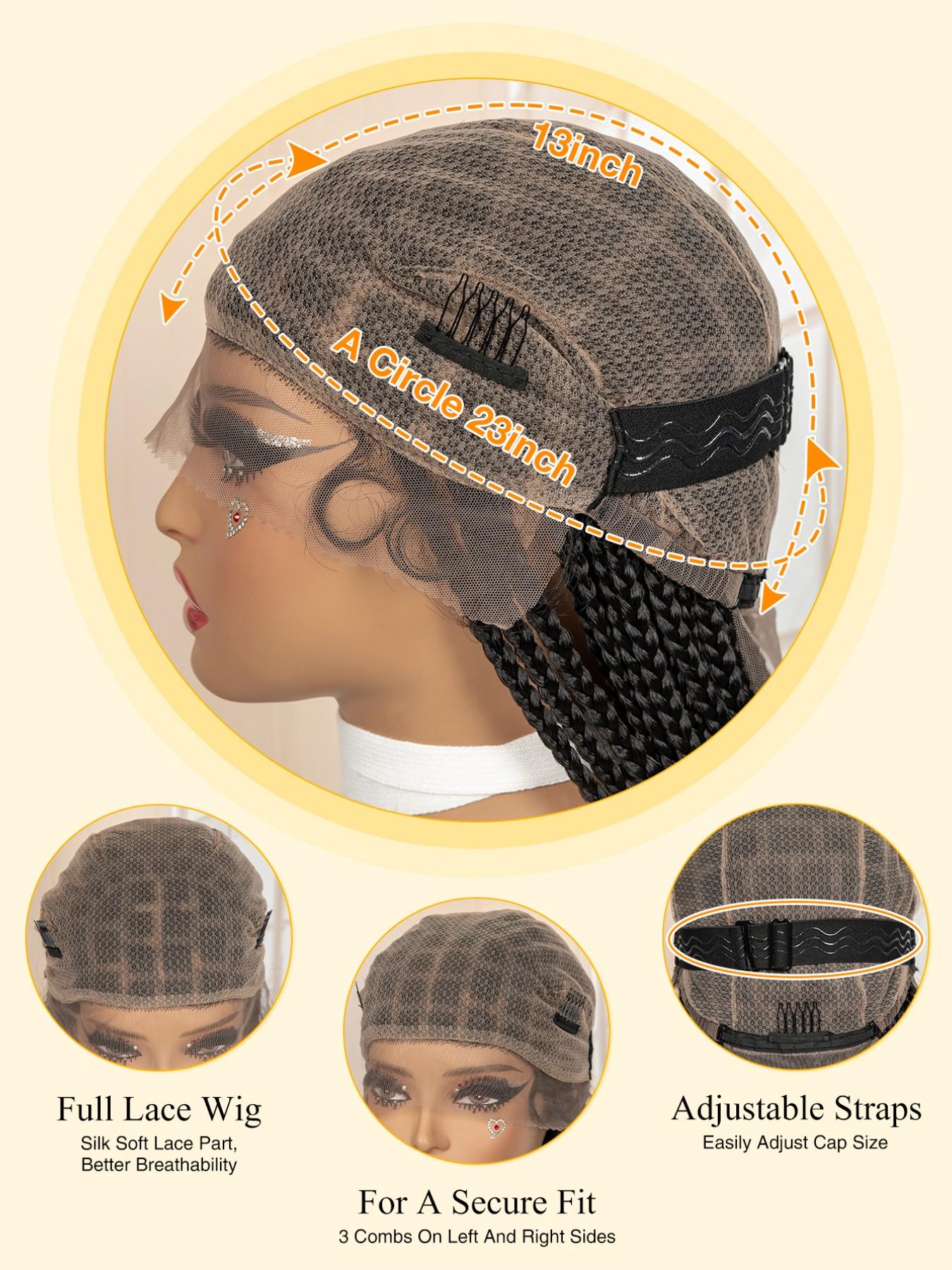 36 Inch Full Lace Box Braided Wig for Women, Pre-Plucked Natural Hairline, Knotless Braids, Handmade Extra Long Cornrow Braids with Baby Hair