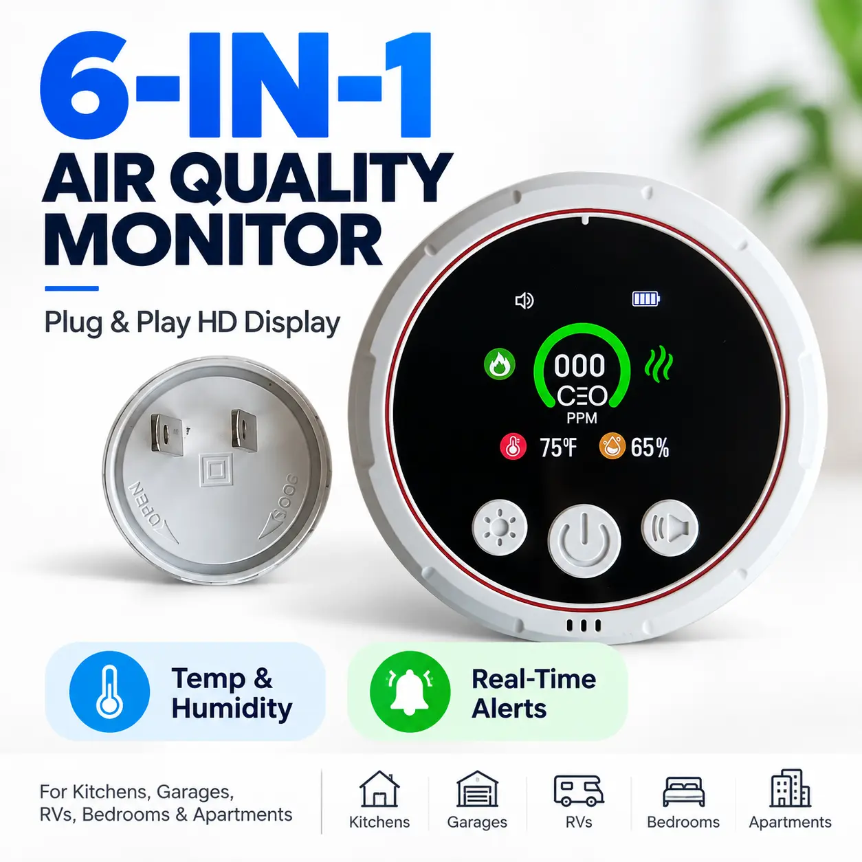 6-in-1 Plug & Play Indoor Air Quality Monitor with HD Display, Temperature & Humidity Sensor, Real-Time Readings and Alert Function for Kitchens, Garages, RVs, Bedrooms & Apartments