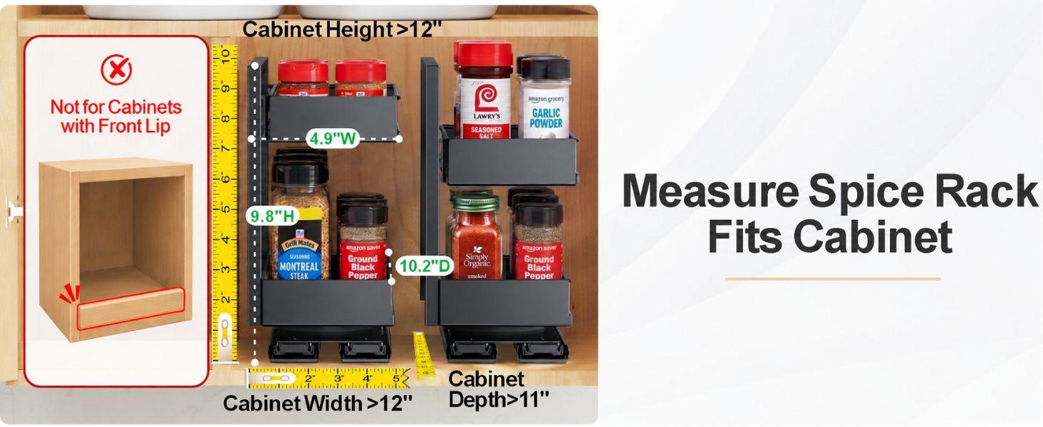 Vertical Spice Rack Pull Out - 1 Pack Rotate No-Drill Slide Out Spice Rack for Cabinet Swivel Easy Access Spices, Adjust Height for 4oz to 8oz Spice Jars Inside Kitchen Pantry Cabinet, Black