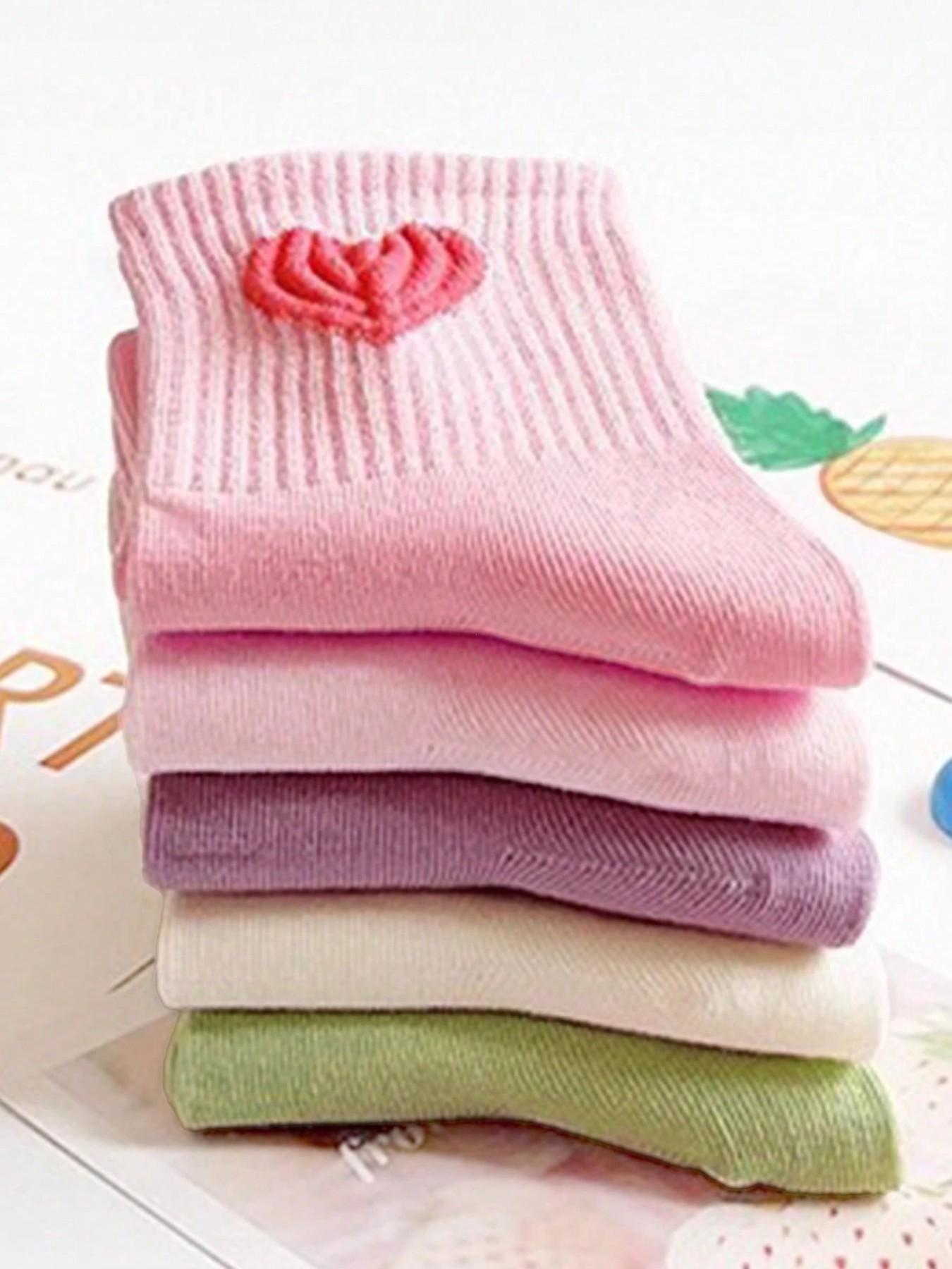 10 Pairs Girls' Crew Socks, Heart/bow Pattern, Casual Fitted Design, Breathable & Comfortable, Spring/fall/winter Wear, Comfy Breathable Socks
