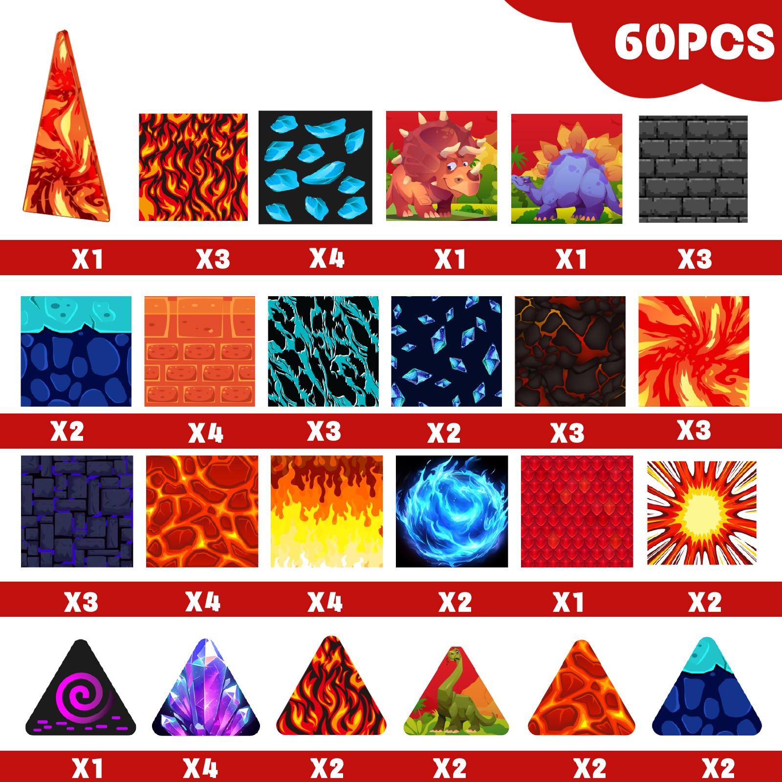 【New Sticker Set】60PCS,1.48inch Creative Sticker Magnetic Tiles,Jurassic Dinosaur Series，Magnet Building Blocks Cubes Construction Stacking Educational Assembly Toy Preschool STEM Play Creative Playboard for Toddler Kids Ages 3+,Kids Toys best gift
