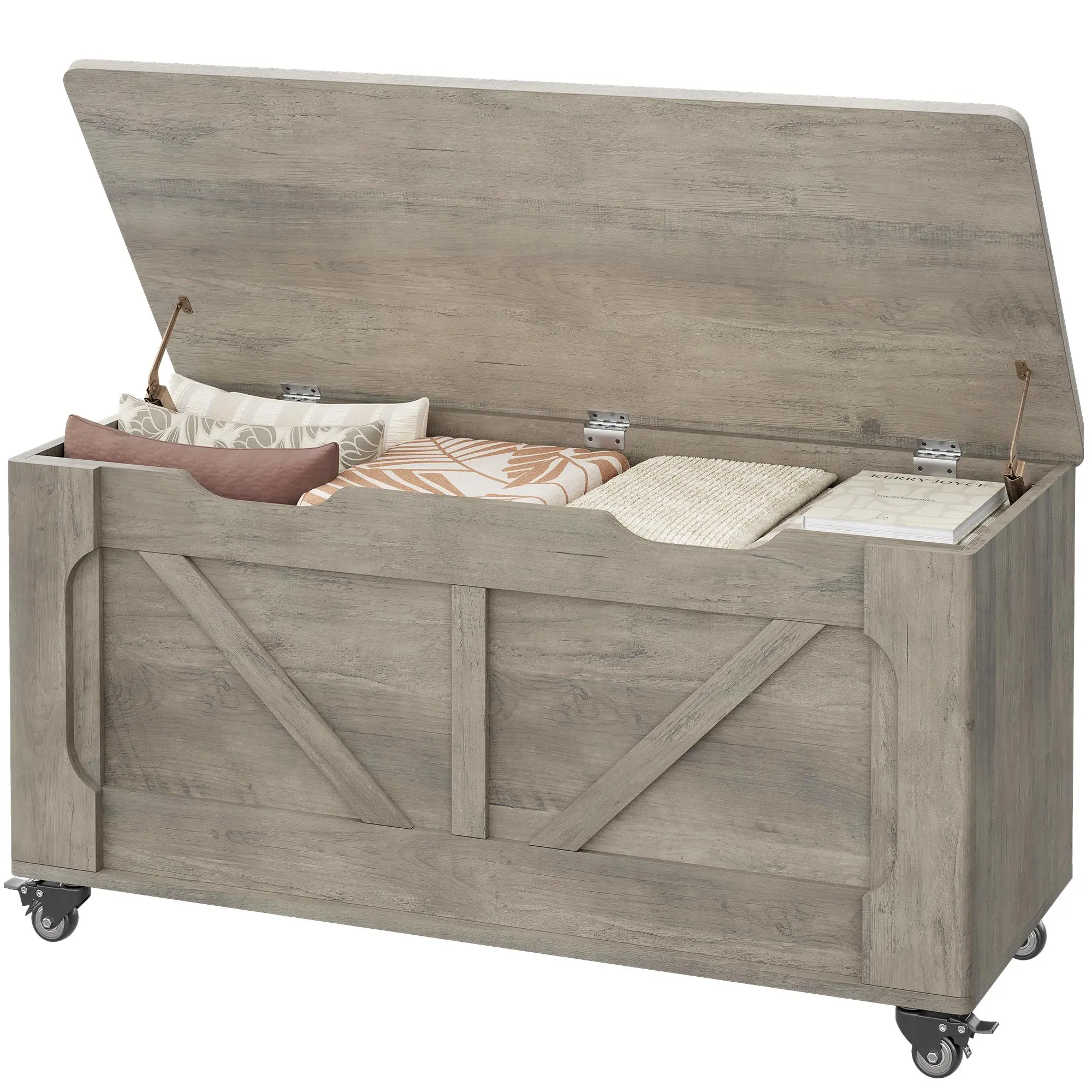 Gaomon Rolling Storage Bench Shoe Bench for Entryway, 39.4 Inch Wooden Blanket Chest with Safety Hinged Lid & Locking Wheels, 350 lb Capacity, Grey