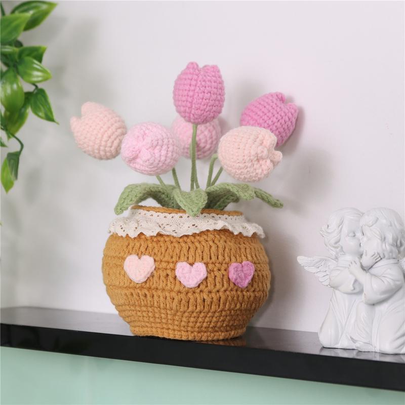 Room Decor Indoor Plants Handmade Crochet Tulip Potted Plant, 1 Count Knitting Tulip Potted Plant, Christmas 2024 Ornament, Tulips Artificial Crochet Bouquet Desktop Decoration for Home Office, Gift for Friend & Family, Flowers, Interior