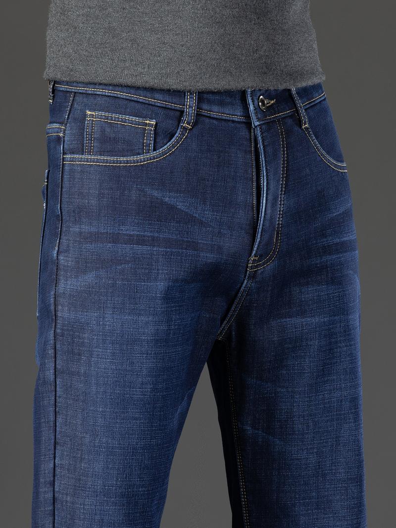 Men's Thickened Winter Fleece Plain Button High Waisted Jeans, Loose Straight Leg High Waist Casual Elastic Pants, Warm Long Denim Trousers for Fall & Winter