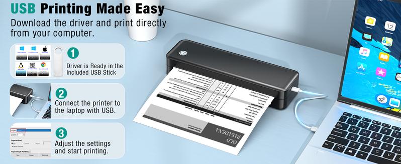 Portable Printer Wireless for Travel, Inkless Thermal Printer Supports 8.5 x 11 Inch Thermal Paper, Bluetooth Compatible with iOS, Android, Laptop Includes 2 Rolls & 10 Sheets of Paper Kit