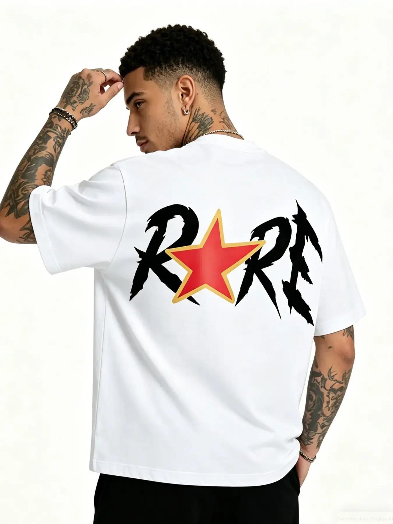 Men's Rare Star Print Cotton T-Shirt, Casual Loose-Fit Short Sleeve, Streetwear Fashion, Long Length, No Zipper or Button, Letters Pattern