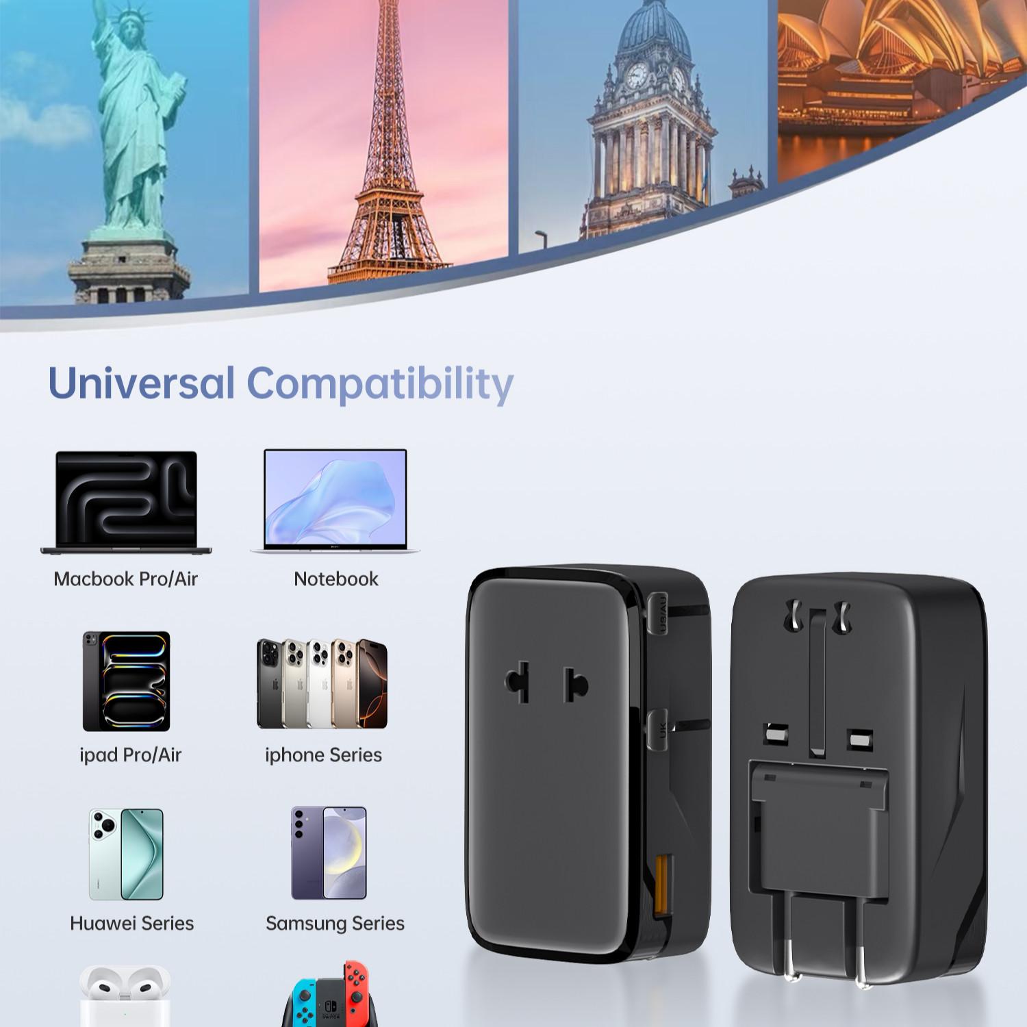 35w Gan Universal Travel Adapter, 1a2c Fast Charging, Multi-Port Charger, Compatible with Uk Us Eu Au Plugs, Ideal for Business Trips