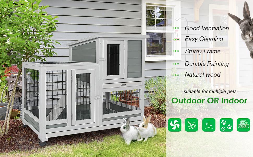 Indoor Rabbit Hutch with 2 Deeper No Leak Trays & 4 Casters, 37 Inch Rabbit Cage Pet House for Small Animals Outdoor Bunny Hutch with Run
