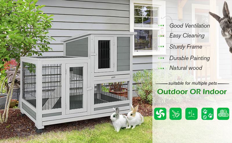 Indoor Rabbit Hutch with 2 Deeper No Leak Trays & 4 Casters, 37 Inch Rabbit Cage Pet House for Small Animals Outdoor Bunny Hutch with Run