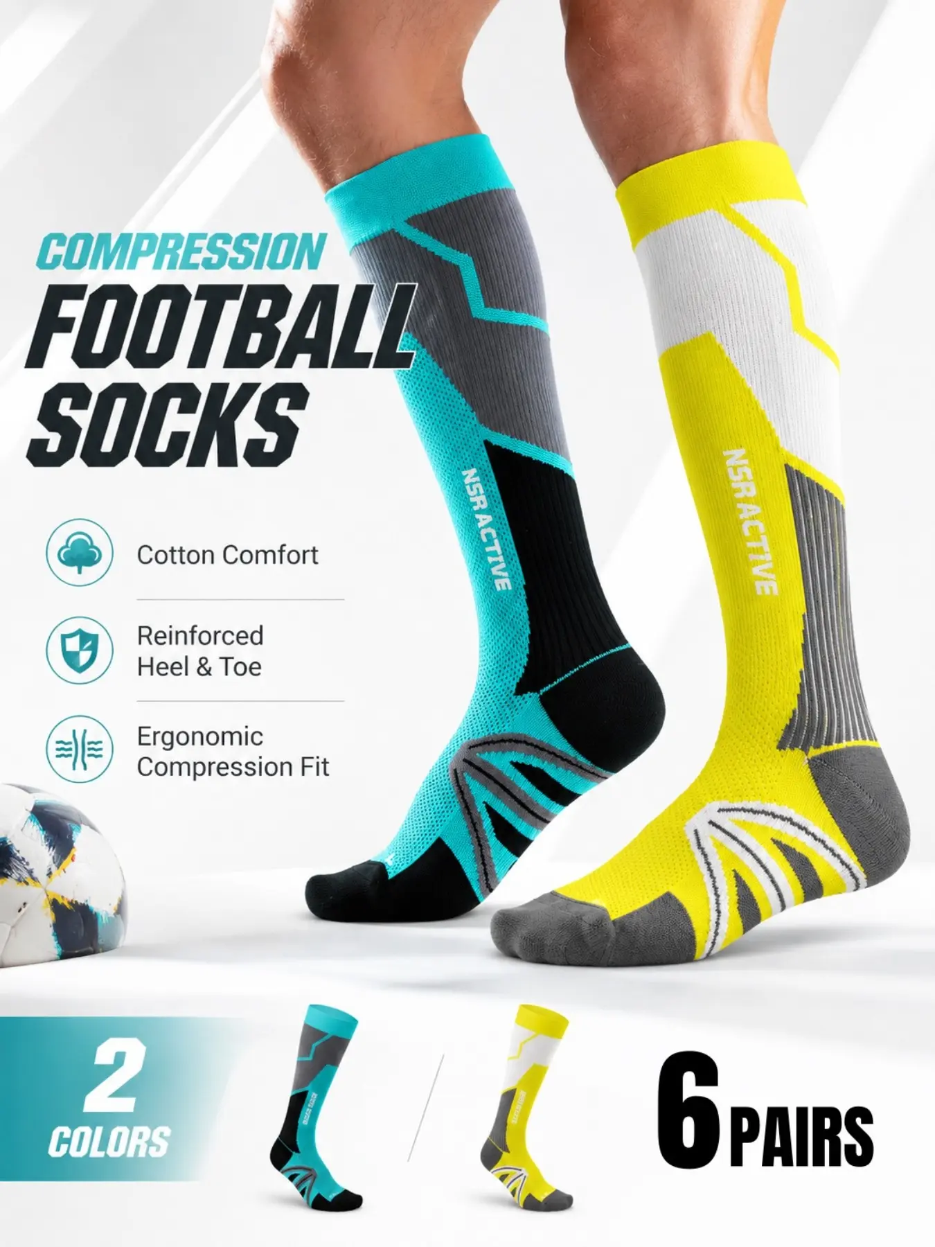 6 Pairs Men's Compression Knee High Socks, Cushioned Reinforced Toe & Heel, Arch Ankle Support, Anti-Chafe Breathable Sports Socks