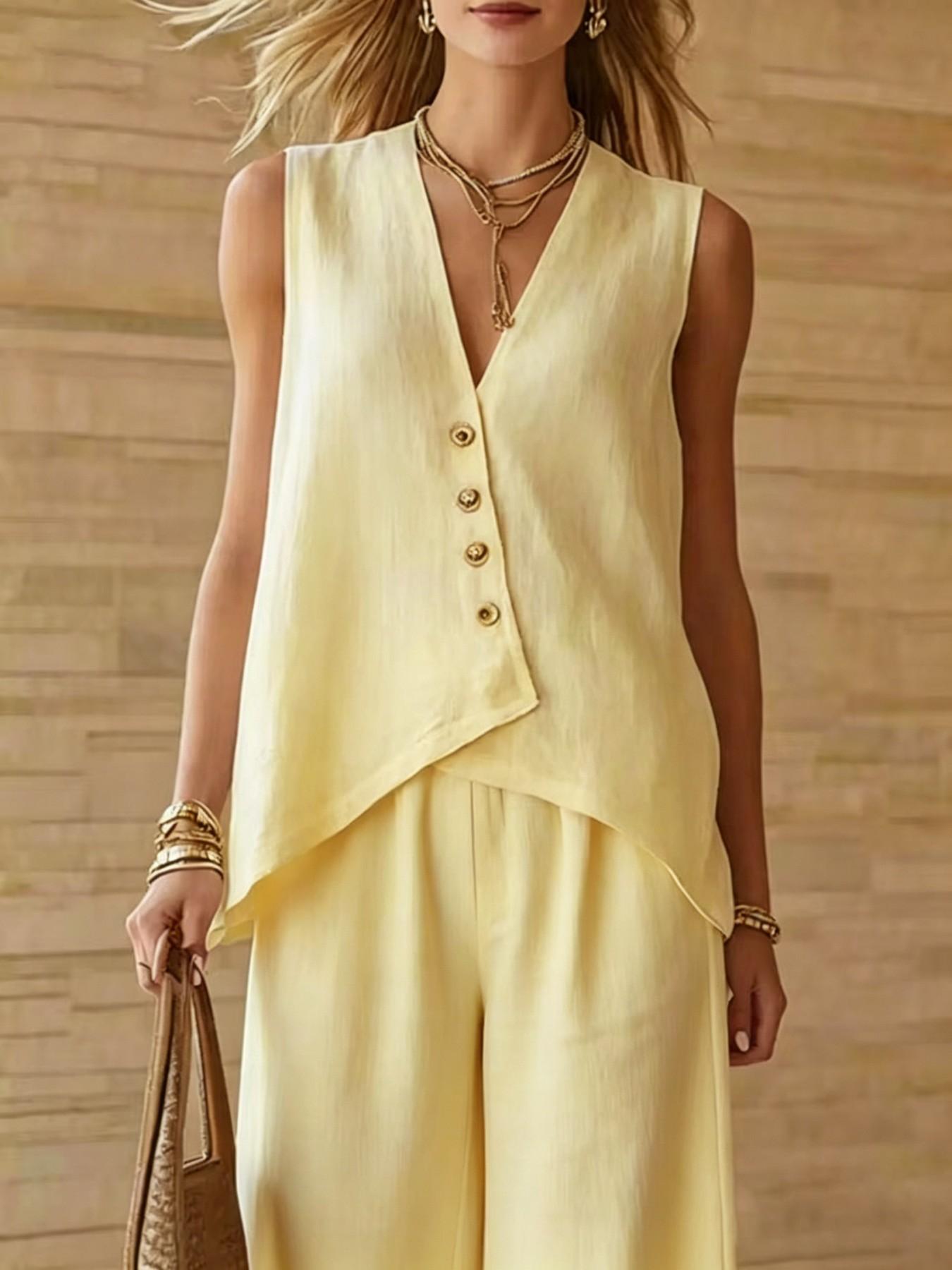 Women's Summer Two-Piece Set, Sleeveless Asymmetrical Button Vest and Wide Leg Pants, Casual Chic Beach Vacation, Daily Commute Wear, Fashion
