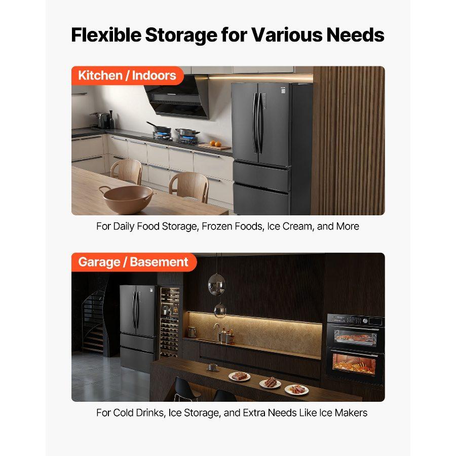 VEVOR Full-Sized French Door Refrigerator, 18.9 Cu. Ft. Counter Depth No Frost Freezer-On-Bottom Fridge, LED Display, 4 Casters, Black for Home Use