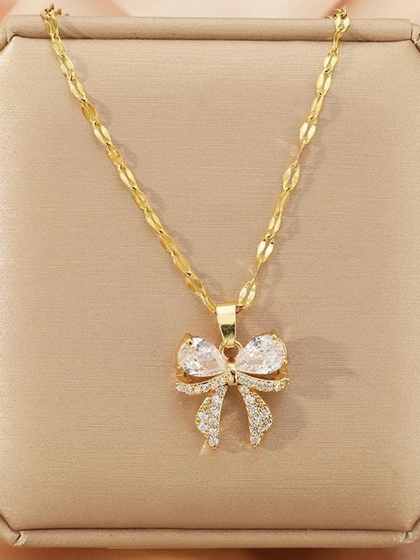 Elegant Zircon Butterfly Pendant Stainless Steel Necklace, Fashionable Women's Party Commuter Versatile Gift, Stylish Ladies Jewelry, Statement Necklace