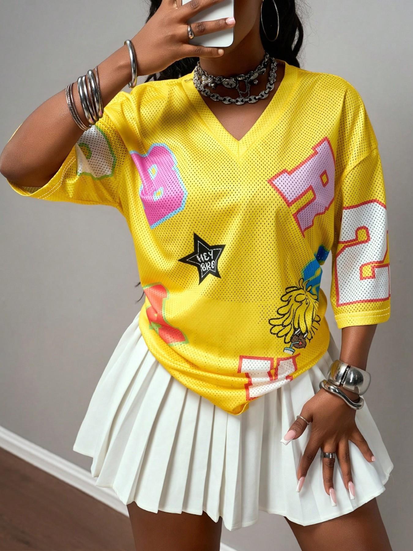 Y2K Street Style Graphic Tee, Colorful Letter Embroidery, V-Neck Loose Fit, Breathable Short Sleeve Top, All Seasons Fashion