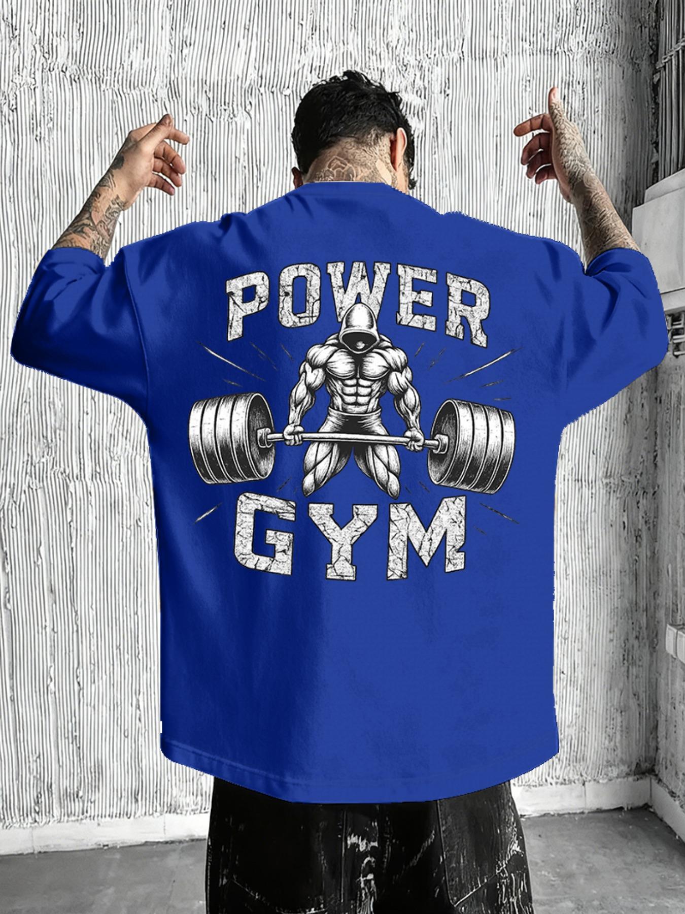 Men's Cool "Power Gym" Bodybuilding Graphic T-Shirt: Black Oversized Tee with Weightlifting Print, Perfect for Fitness Enthusiasts and Street Gym Style