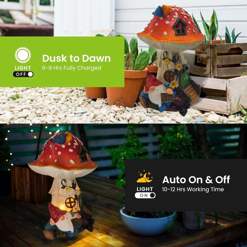 11 Inch Solar Mushroom Fairy House Resion Outdoor Statue Lamp Light Gnome Theme Garden Decor Seasonal Gardening Art for Housewarming Gifts Spring Outdoor Decoration for Patio Garden Balcony
