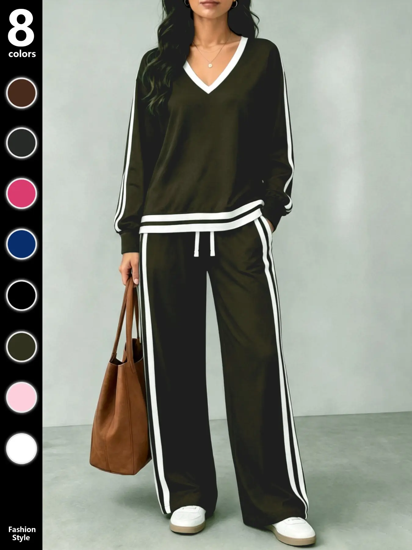 Women's Casual Two-Piece Set, Plain V-Neck Long Sleeve T-Shirt and Contrast Stripe Pants, Spring Fall Fashion, All Seasons Wear
