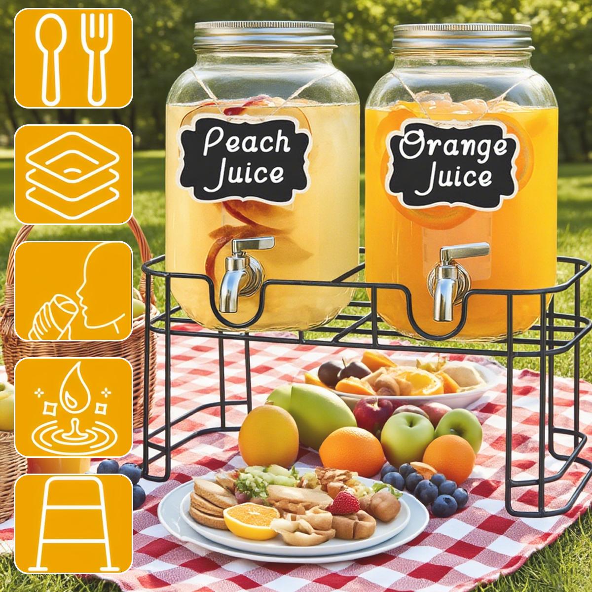 2 Packs 1 Gallon Glass Drink Dispenser with Stainless Steel Tap & Stand, Cold Beverage Dispenser, for Water, Juice, Punch, Lemonade & Parties, Decorative Labels for Home, Parties, Catering - (Cup Not Included)