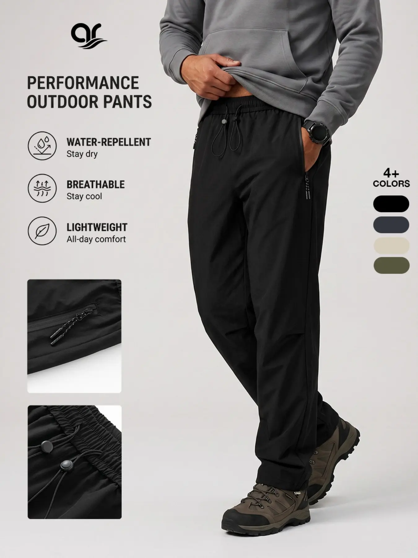 AR Men's Water-Resistant Outdoor Hiking Pants Lightweight Athletic Loose Fit Joggers with Zip Pockets Elastic Waist Adjustable Cuffs Casual Streetwear Track Pants for Camping & Everyday Wear