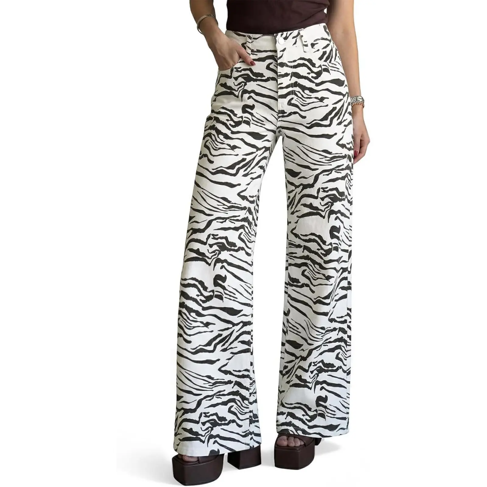 Cicy Bell Womens Wide Leg Jeans High Waisted Leopard Baggy Stretchy Denim Pants with Pockets
